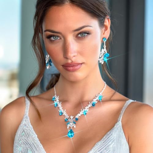 Rhinestone Bridal Wedding Jewelry Sets Gold Necklace Earrings Set Leaf Prom Formal Costume Jewelry Set for Women and Brides - color: Light Blue