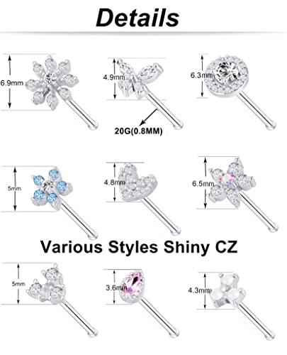 9Pcs Nose Rings Stud L Bone Screw Shaped Nose Ring Flower CZ Snowflake Butterfly Screw Nose Stud Body Piercing Jewelry for Women Men 20G Silver Gold Rose Gold Tone - color: D:Silver Tone&Bone Shaped