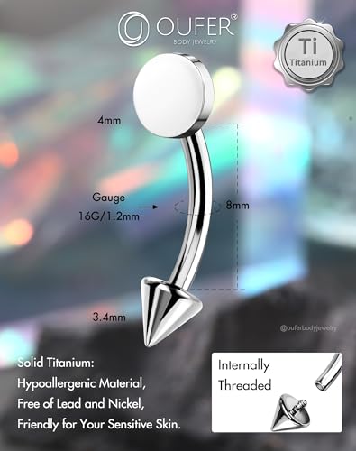 OUFER Rook Piercing Jewelry, G23 Solid Titanium Eyebrow Rings, Heart Vertical Labret Lip Jewelry, 16G Curved Barbells, Daith Rook Earrings for Women Men - color: Silver Round, size: 16G 8mm
