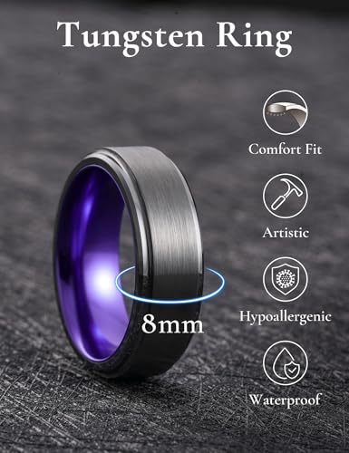 King Will Mens Brushed Wedding Band, Two Tone Matte Step Edges/Pipe Cut, Tungsten Carbide Anniversary Promise Rings Comfort Fit - color: Silver&Purple-8mm