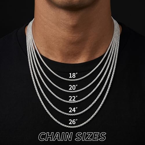 Sterling Silver Chain for Men, 4mm S925 Sterling Silver Over Round Box Chain Necklace for Men Diamond Cut Chains Gifts for Husband Mens Father 18/20/22/24/26 inches