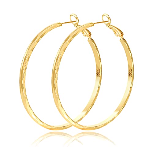 Sterling Silver Hoop Earrings - Diamond-Cut Circle Hoops, Hypoallergenic, 3mm Thin, Oversize 20/30/40/50/60mm - color: Gold,50mm