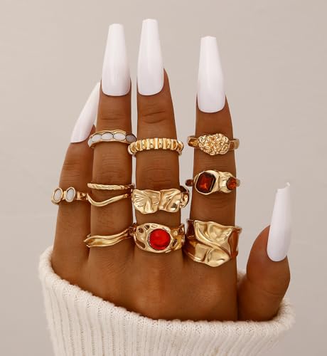 iF YOU 25 Pcs Gold Stackable Ring Set for Women, Chunky Knuckle Finger Midi Rings, Silver Simple Stacking Cute Rings Pack Trendy Stuff Jewelry Gift - style: 10 Red gem rings