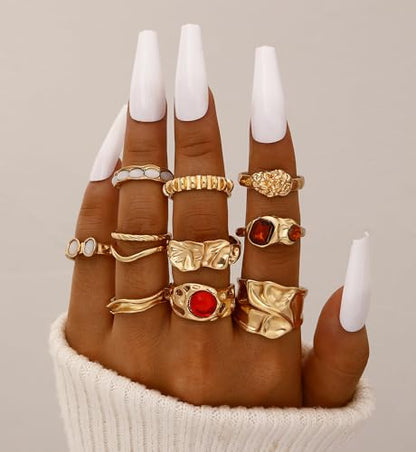 iF YOU 25 Pcs Gold Stackable Ring Set for Women, Chunky Knuckle Finger Midi Rings, Silver Simple Stacking Cute Rings Pack Trendy Stuff Jewelry Gift - style: 10 Red gem rings