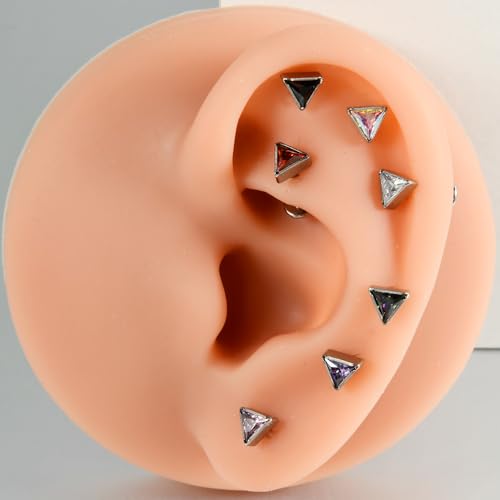 16G Triangle Cubic Zirconia Cartilage Stud Earrings for Women Men G23 Titanium Conch Helix Tragus Studs Earrings Lip Studs Rings Labret Monroe Medusa Piercing Jewelry - color: Pink