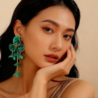 Fabric Flower Earrings for Women Colorful Long Tassel Floral Drop Earrings Fashion Boho Exaggerated Statement Beach Party Jewelry - color: green