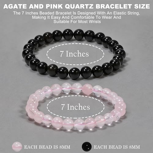 2PCS Agate Bracelet for Women Men Natural Round Beaded Agates Stone Healing Stretch Bracelets Elastic Handmade Polished Gemstone Beads Bracelet - color: Black+Pink Quartz, size: 8mm Beads
