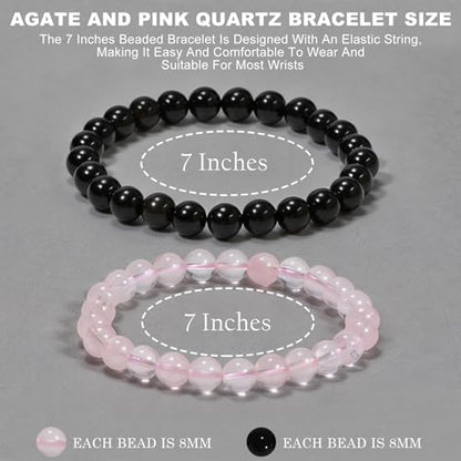 2PCS Agate Bracelet for Women Men Natural Round Beaded Agates Stone Healing Stretch Bracelets Elastic Handmade Polished Gemstone Beads Bracelet - color: Black+Pink Quartz, size: 8mm Beads