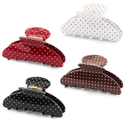 4Pcs Polka Dot Hair Claw Clips for Women, Cute Medium Trendy Claw Clips for Women Thick Thin Polka Dot Hair Accessories, Daily Wear, Gift - color: Black, Red, White, Brown