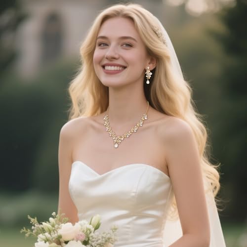 Women's Wedding Jewelry Set Leaf Flower for Bridal Prom Party | Stunning Crystal Teardrop Marquise Cluster Pendant Necklace Dangle Earrings Set for Bride Bridesmaid - color: 03-Clear Gold-Plated-Base