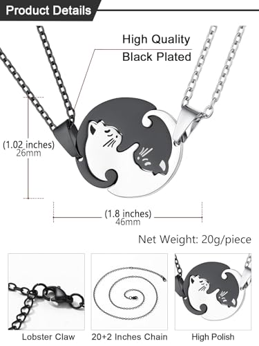U7 Cat Pendant Necklace for Women Stainless Steel Cute Kitty Cat Jewelry Gift - style: 02-Round Cat Set-Steel+Black(Customized)