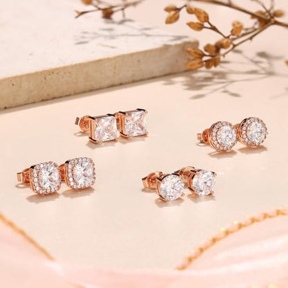 MILACOLATO S925 Sterling Silver Stud Earrings for Women Men Hypoallergenic 18K Gold Plated Cubic Zirconia Earrings Studs Brilliant Simulated Diamond Halo Earring for Sensitive Ears - style: 18K Rose Gold Plated - Medium Size CZ