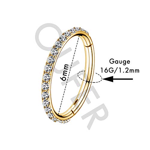 OUFER Gold Hinged Segment Earring Hoop 16G Stainless Steel with Cartilage Earrings Clear CZ Paved Tragus Helix Earrings Cartilage Earring Septum Nose Ring Hoop - color: Gold Plated-6mm diameter