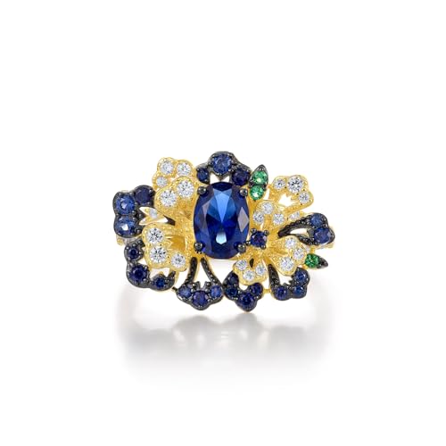 Santuzza Sterling Silver Gemstone Flower Ring for Women - color: [A]Peony-Blue & Yellow