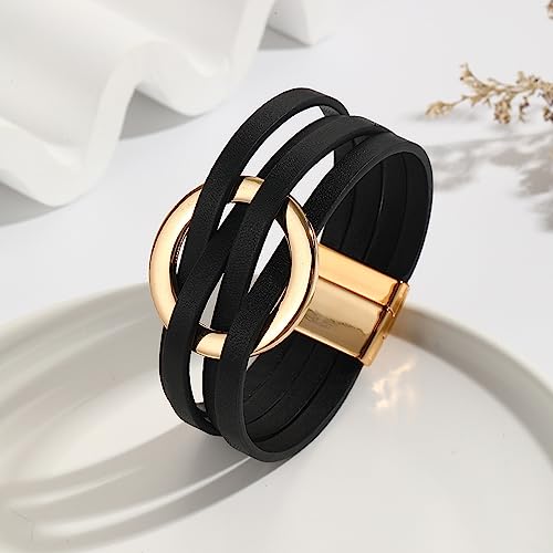ZMANYIJEW Leather Wrap Bracelets for Women,Boho Cuff Bracelets Multi-Layer Crystal Beads Cuff Bracelet Multilayered Leopard Leather Braided Bangle Wrist Cuff Bangles - style: O-black