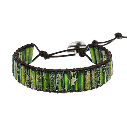 Plumiss Women Boho Handmade Natural Stone Crystal Leather Bead Wrap Bracelets Collection - style: Green Jasper 1W