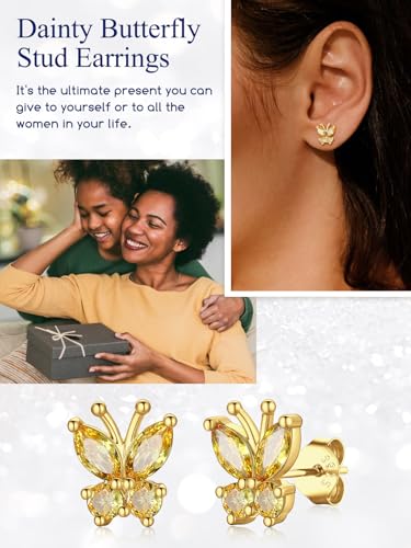 Suplight Butterfly Stud Earrings 925 Sterling Silver 14K Gold Brithstone Earrings for Women Brithstone Jewelry Gifts - color: 11.November ( Citrine), size: Gold