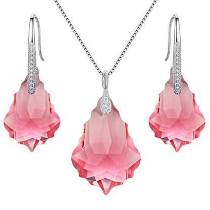 EleQueen 925 Sterling Silver CZ Baroque Drop Pendant Necklace Dangle Earrings Set Made with Austrian Crystal, Valentine's Day/Mother's Day/Christmas Jewelry Gift - color: Pink