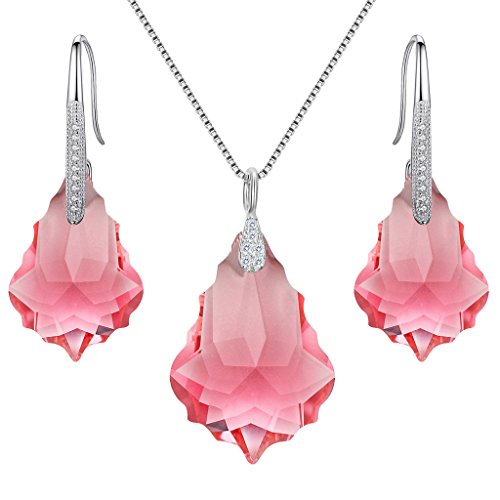 EleQueen 925 Sterling Silver CZ Baroque Drop Pendant Necklace Dangle Earrings Set Made with Austrian Crystal, Valentine's Day/Mother's Day/Christmas Jewelry Gift - color: Pink