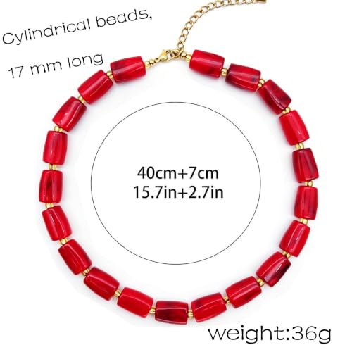 Red Beaded Necklace for Women Chunky Beaded Necklace Adjustable Acrylic Bead Choker Necklaces Big Statement Necklaces Jewelry Accessories - color: 17MMCylindricalBead
