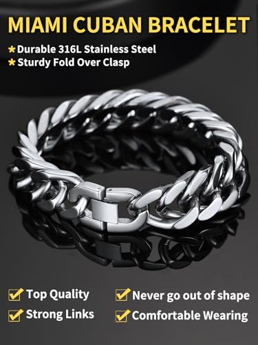 ChainsHouse Stainless Steel Cuban Link Bracelet, 6mm/8mm/12mm/17mm Width, 7.5"/8.3"/9", Black/ 18K Gold Plated Chain Wrist Bracelets for Men Women, Send Gift Box - color: E: Steel-17mm width