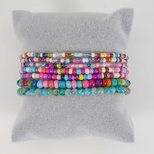 Bohemian Colorful Crystal Glass Beads Seed Beaded Bracelet Handmade Adjustable Stackable Elastic Strand Bangle for Women Summer Beach Hawaii Boho Wristbands Jewelry - color: colorful