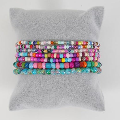 Bohemian Colorful Crystal Glass Beads Seed Beaded Bracelet Handmade Adjustable Stackable Elastic Strand Bangle for Women Summer Beach Hawaii Boho Wristbands Jewelry - color: colorful