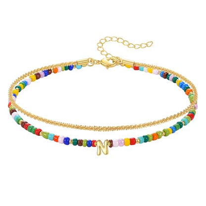 KissYan Initial Ankle Bracelets for Women | Layered Colorful Beaded Anklet with 14K Gold Chain, Waterproof Dainty Jewelry Gift for Summer Beach - style: N