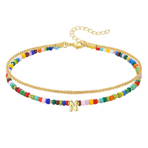 KissYan Initial Ankle Bracelets for Women | Layered Colorful Beaded Anklet with 14K Gold Chain, Waterproof Dainty Jewelry Gift for Summer Beach - style: N