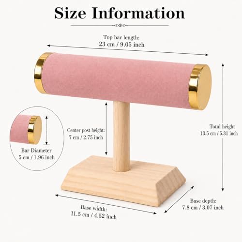 Jewelry Display T-Bar Stand, 9 Inch Pink Velvet Bracelet Holder with Gold-Tone End Caps, 1-Tier Bangle and Watch Stand with Natural Pine Base for Vanity and Retail Counter - color: Black