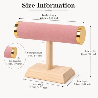Jewelry Display T-Bar Stand, 9 Inch Pink Velvet Bracelet Holder with Gold-Tone End Caps, 1-Tier Bangle and Watch Stand with Natural Pine Base for Vanity and Retail Counter - color: Black