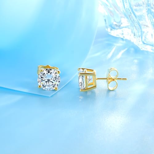 18K White/Yellow Gold Plated Stud Earrings for Men Women 4 Prong Graduated Round Clear Cubic Zirconia Hypoallergenic Earrings Set 3-8MM - color: Yellow Gold Plated, size: 6MM