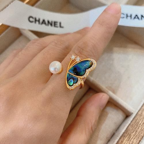 Natural Stone Chunky Rings,Black Obsidian,Red Agate, Carnelian 18k Gold Plated Stainless Steel Stackable Party Rings for Women - style: Butterfly