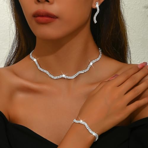 Gold Rhinestone Jewelry Set for Women Crystal Choker Necklaces Drop Earrings Adjustable Bracelet Elegant Prom Bridal Jewelry - color: Silver