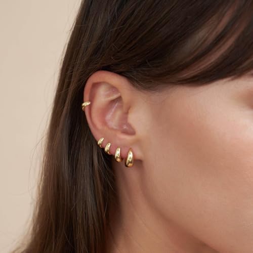 Small Chunky Hoop Earrings for Women, 14K Plated Huggie Stack | Chunky Hoop Stud Earrings Stackable, Lightweight Huggie Cartilage Ear for Multiple Piercing Jewelry Gift for Daily Wear - style: 5 Pairs-Gold