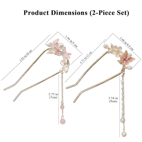 Pearl Butterfly Flower Hair Pins For Women Tassel Chain Pendant French Hair Pin Sticks Pink White Butterflies Floral U-Shaped Hairpin Fork Updo Bun Qipao Hanfu Chinese Bridal Wedding Hair Accessories