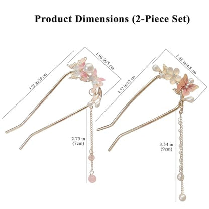 Pearl Butterfly Flower Hair Pins For Women Tassel Chain Pendant French Hair Pin Sticks Pink White Butterflies Floral U-Shaped Hairpin Fork Updo Bun Qipao Hanfu Chinese Bridal Wedding Hair Accessories