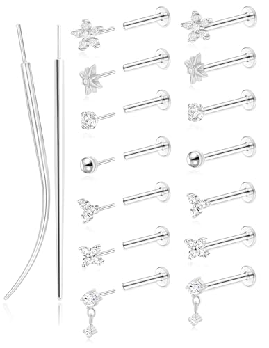 Threadless Flat Back Earrings Studs 20G Surgical Steel Push in Nose Studs Rings Cartilage Helix Tragus Conch Lip Labret Medusa CZ Nostril Piercing Jewelry for Women Gold Silver Tone - color: Silver