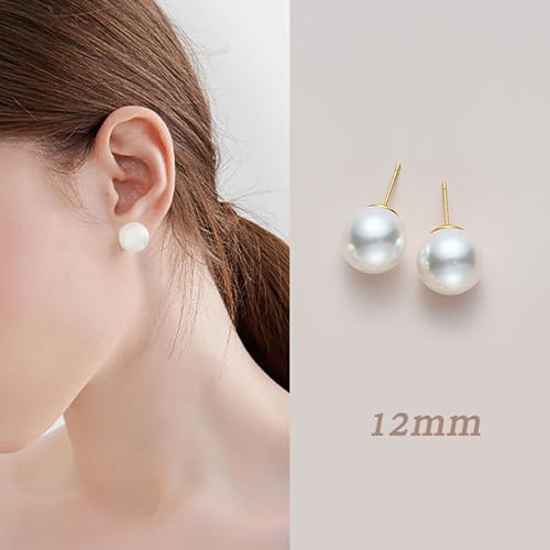 Oversized Faux Pearl Stud Earrings for Women, 14K Gold Plated Sterling Silver Hypoallergenic Large Classic Lightweight Pearl Earrings - size: White-12mm