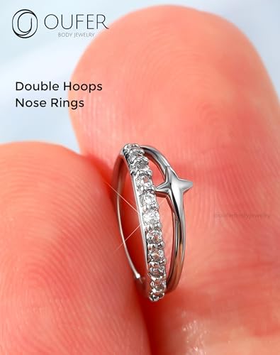OUFER Nose Rings Silver, 20G Double Hoop 8MM Nose Rings, Seamless Stainless Steel Rook Daith Piercing Jewelry for Women & Men - style: Style7-Sliver Cross