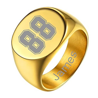 GoldChic Jewelry Personalized Signet Rings Men Women, Stainless Steel Custom Photo Bold Square/Oval Monogram/Old English Initial Pinky Stacking Statement Ring in Black/Silver/Gold (Size 7-14) - color: Gold-Number -Round