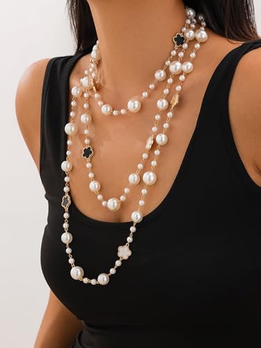 Long Pearl Necklaces for Women Pearl Long Chain Necklace Gold Chain Dainty Delicate Station Necklace Jewelry for Dress Party - color: 3Layer