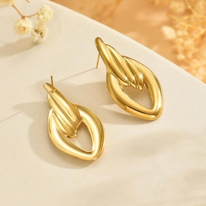 Chunky Stud Earrings for Women 18K Gold Plated Large Square Rectangle Geometric Round Swirl Stud Earrings Trendy Irregular Hammered Statement Earrings - color: Wing-Gold