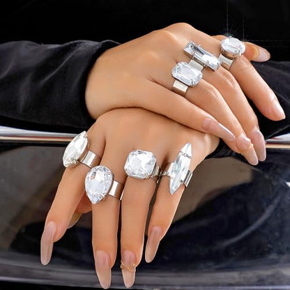 Chunky 7Pcs Silver Crystal Knuckle Rings Set Geometric Rhinestone Waterdrop Open Rings Stackable CZ Circle Square Finger Rings Jewelry Set for Women - color: 7Pcs Crystal