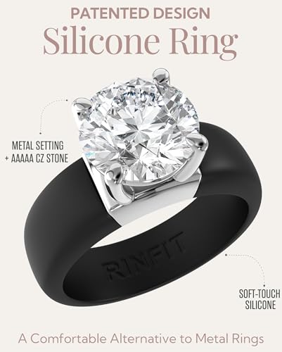 Rinfit Silicone Ring with Stone, Round Cut CZ | AAAAA Grade Cubic Zirconia, Solitaire Engagement Ring for Her, Flexible Rubber Wedding Band for Women, Patented Design - color: Pack C: Black / Silver