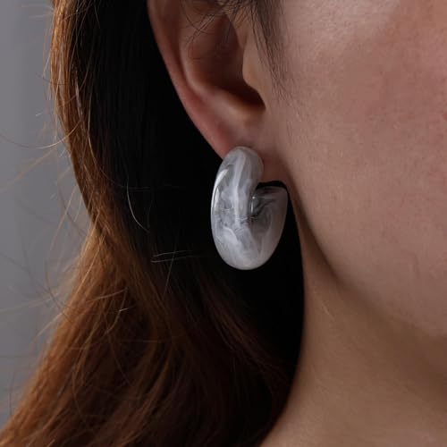 Chunky Acrylic Hoop Earrings White Resin Open Circle Hoop Earrings Round Pearl Studs Thick Acrylic C Shape Earring Pearl Front Back Earring Jewelry for Women - color: Grey