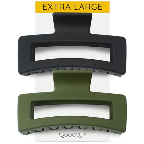 XXL Jumbo Rectangle Claw Clips for Thick Hair - Strong Hold Hair Clips | Rectangle Design | Matte Finish | Non Slip | Wide Opening | 2 Pack (Black & Green) - color: Black & Green