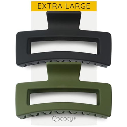 XXL Jumbo Rectangle Claw Clips for Thick Hair - Strong Hold Hair Clips | Rectangle Design | Matte Finish | Non Slip | Wide Opening | 2 Pack (Black & Green) - color: Black & Green