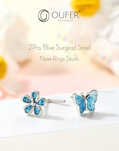OUFER 2PCS Stainless Steel Nose Rings, Moon Star Butterfly Design 20G Nostril Dangle Piercing Jewelry - 7MM - style: Glitter Butterfly Butterfly
