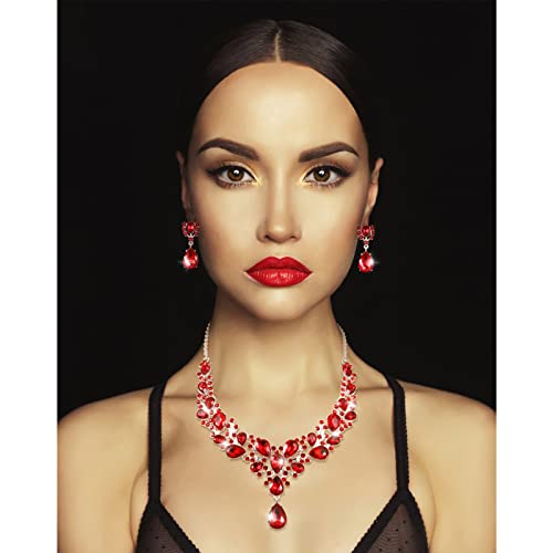 Hicarer Bridal Teardrop Cluster Crystal Jewelry Set for Women Necklace Earrings Wedding - color: Red